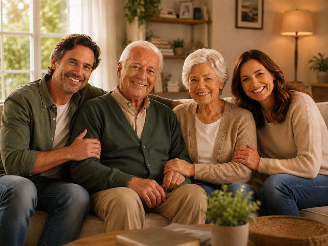 Three generations of a family sitting close together on a couch, smiling