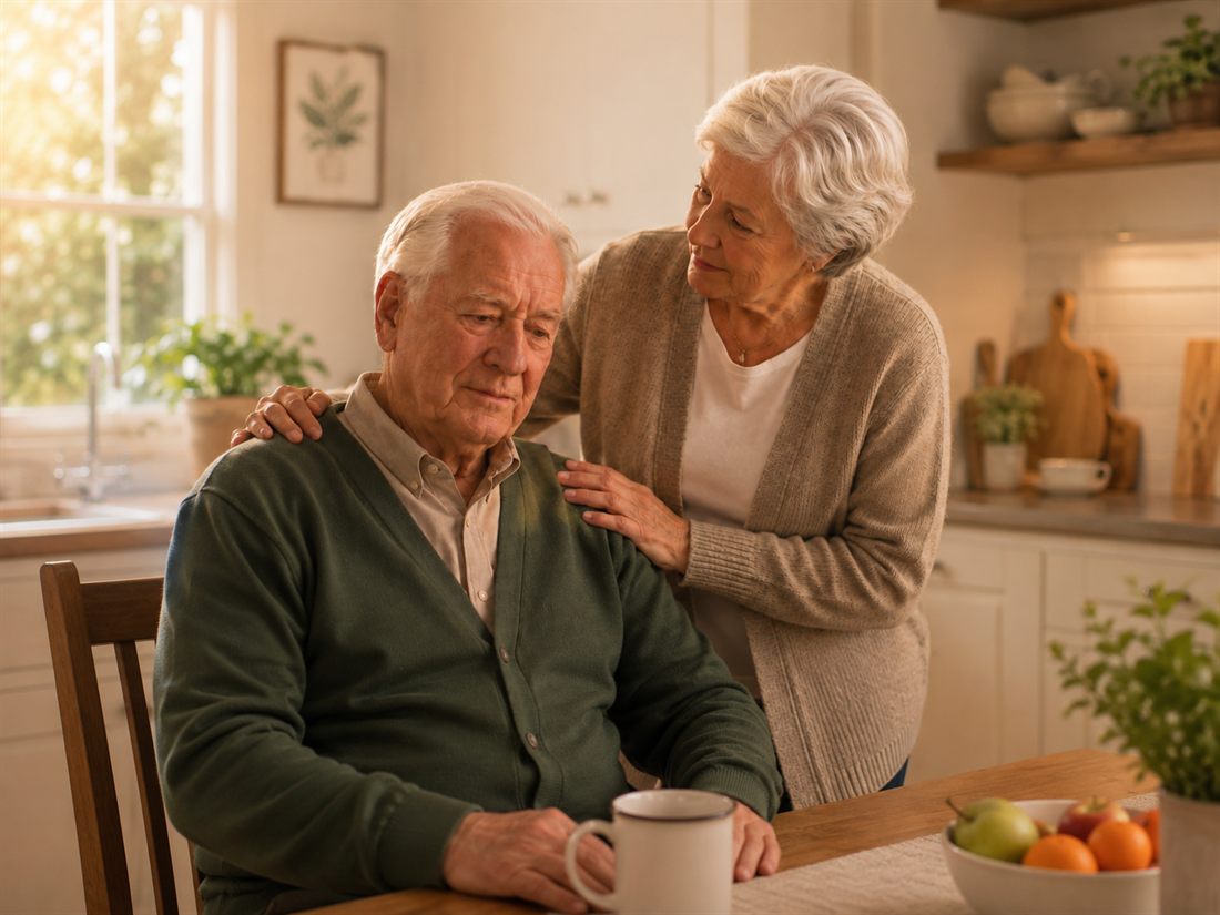 A woman gently comforting her husband at the kitchen table, her hand on his shoulder